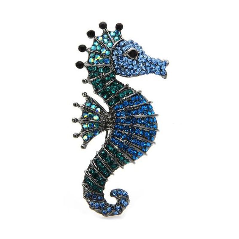 Blue and Green Rhinestone Sea Horse Brooch - Click Image to Close